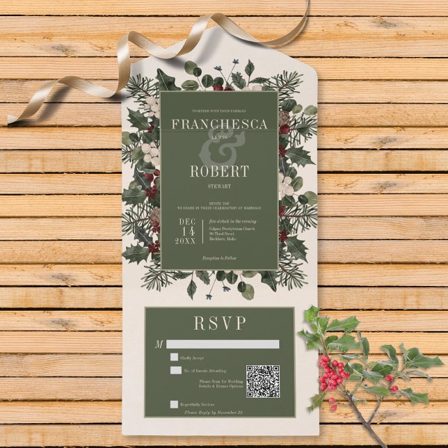 Rustic Winter Berries & Pine Cream QR Code All In One Invitation (Also available without a QR code; with or without dinner selection options.)