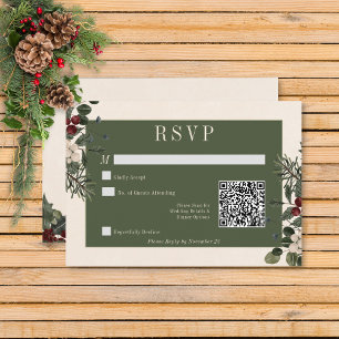 Rustic Winter Berries & Pine Cream QR Code Wedding RSVP Card