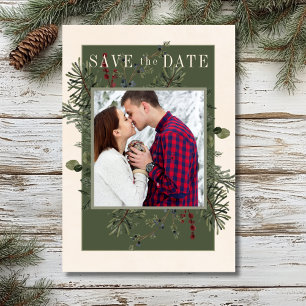 Rustic Winter Berries & Pine Cream Save The Date