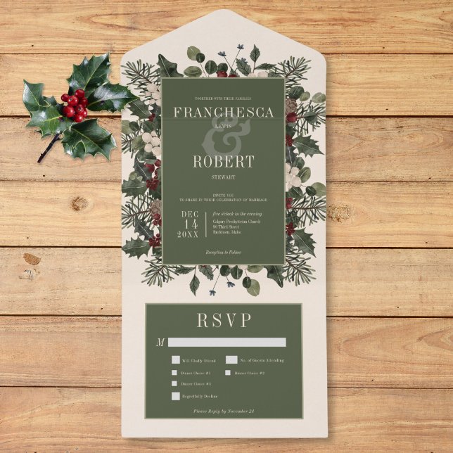 Rustic Winter Berries & Pine Cream Three Dinner All In One Invitation (Rustic Winter Berries & Pine Cream Three Dinner All In One Invitation)