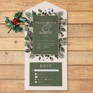 Rustic Winter Berries & Pine Cream Two Dinner All In One Invitation