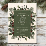 Rustic Winter Berries & Pine Cream Wedding Invitation<br><div class="desc">Introducing our enchanting winter wedding invitation, where timeless elegance meets the beauty of the season. The rich cream background, artfully distressed with soft white accents, sets a captivating tone for your special day. In the dark sage green text area, your wedding details will shine, surrounded by a delicate light sage...</div>