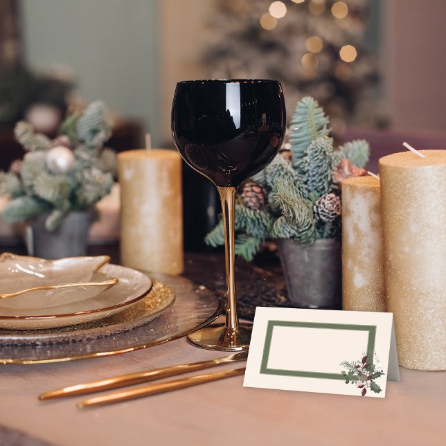 Rustic Winter Berries & Pine Cream Wedding Place Card (Rustic Winter Berries & Pine Cream Folded Wedding Place Card)