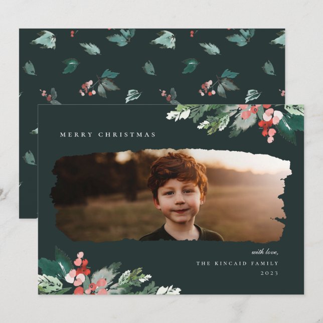 Rustic Winter Berry Greenery Photo Holiday Card (Front/Back)
