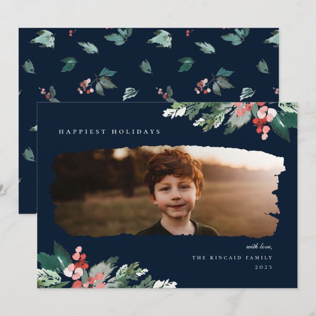 Rustic Winter Berry Greenery Photo Holiday Card (Front/Back)
