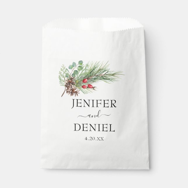 Rustic Winter Berry Pine Greenery Wedding Favour Bags (Front)