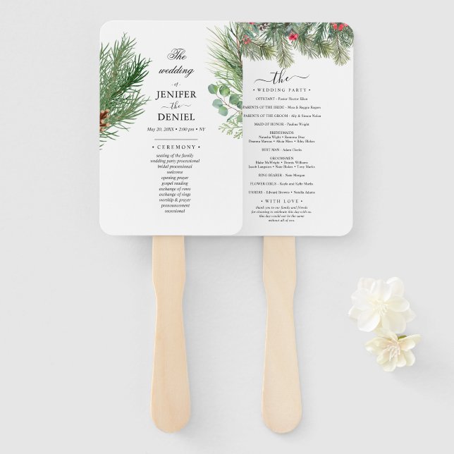 Rustic Winter Berry Pine Greenery Wedding Hand Fan (Front and Back)