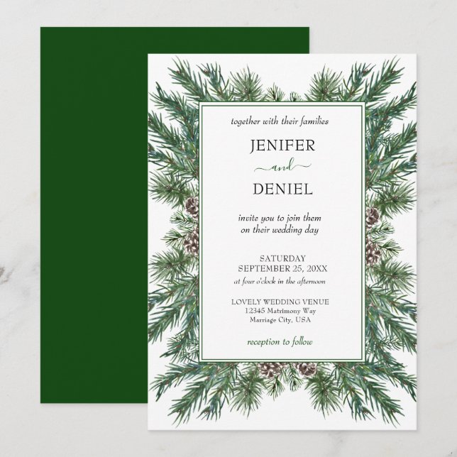 Rustic Winter Berry Pine Greenery Wedding Invitation (Front/Back)