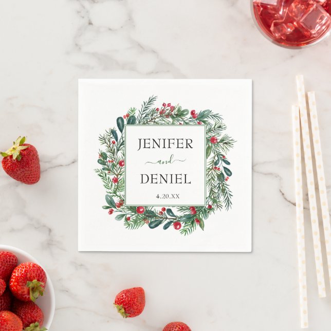 Rustic Winter Berry Pine Greenery Wedding Napkin (Insitu)