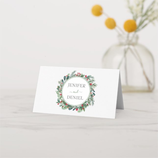 Rustic Winter Berry Pine Greenery Wedding Place Card (Back)