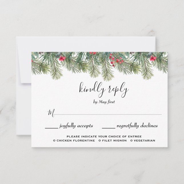 Rustic Winter Berry Pine Greenery Wedding RSVP Card (Front)