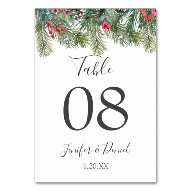 Rustic Winter Berry Pine Greenery Wedding Table Number (Front)