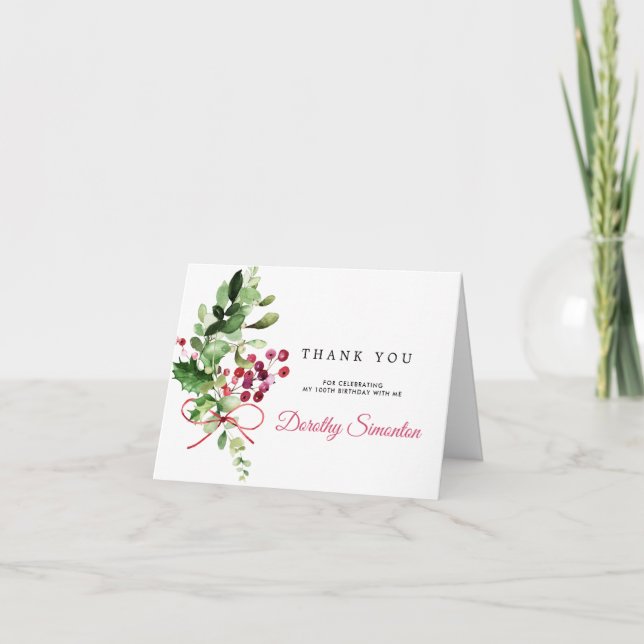 Rustic Winter Botanical 100th Birthday Photo Thank You Card (Front)