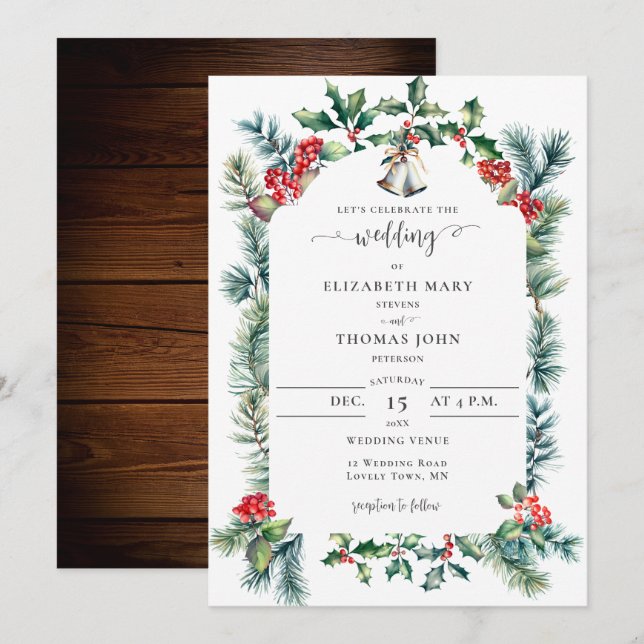 Rustic Winter Botanical Frame Green Red Wedding Invitation (Front/Back)
