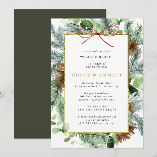 Rustic Winter Botanical Pine Wedding Brunch Invitation (Front/Back)