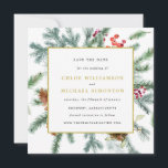 Rustic Winter Botanical Wedding Save The Date<br><div class="desc">Hello. Welcome to my Holiday save the date cards. This square diy template features a gold frame decorated with pine branches, red berries and pine cones. Lots of white space gives it an open and elegant feeling. The text is a combination of two classic, simple fonts. The wedding couple names...</div>