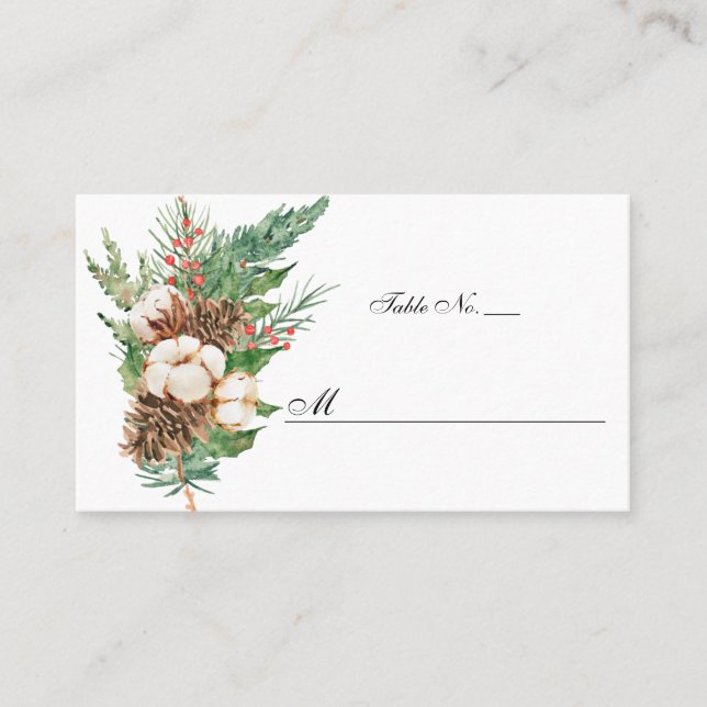 Rustic Winter Botanical White Floral Wedding Flat Place Card (Front)