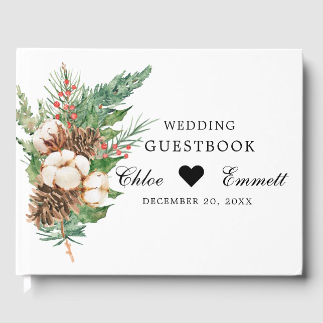 Rustic Winter Botanical White Floral Wedding Guest Book (Front)