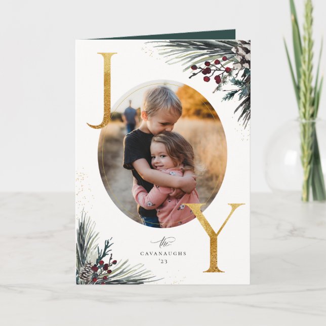 Rustic Winter Boughs Golden Joy 5 Photo Holiday Card (Front)