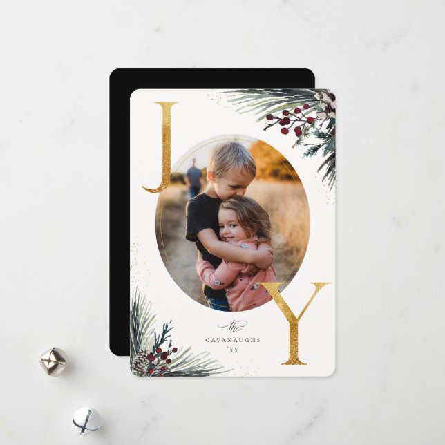 Rustic Winter Boughs Golden Joy Photo Holiday Card (Front/Back In Situ)