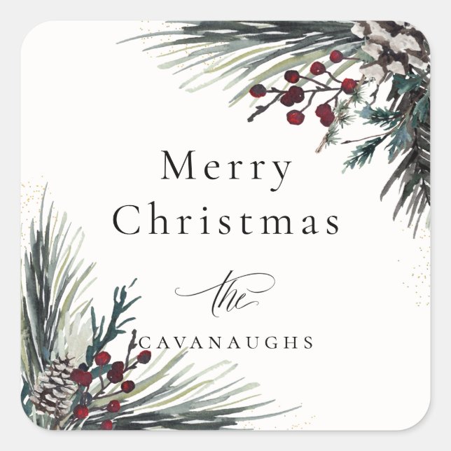 Rustic Winter Boughs Holiday Square Sticker (Front)