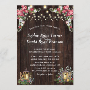 Rustic Winter Bouquet Gingham Bow Wood Wedding Invitation