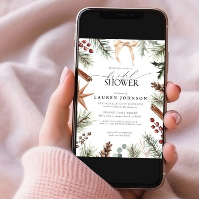 Rustic Winter Bow Evergreen Berry Bridal Shower Invitation (Creator Uploaded)