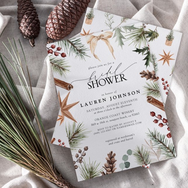 Rustic Winter Bow Evergreen Berry Bridal Shower Invitation (Creator Uploaded)