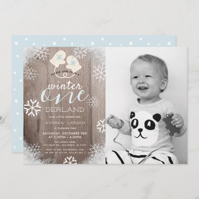 Rustic Winter Boy's 1st Birthday Photo Invitation (Front/Back)