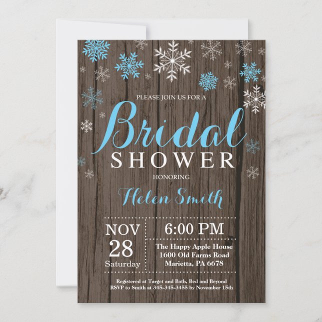 Rustic Winter Bridal Shower Blue Snowflake Invitation (Front)