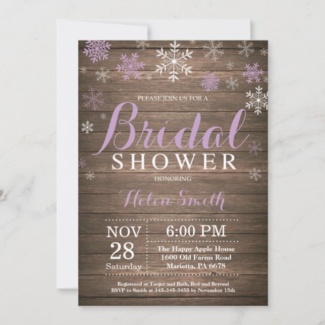 Rustic Winter Bridal Shower Purple Snowflake Invitation (Front)