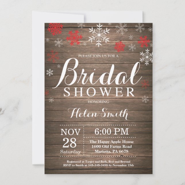 Rustic Winter Bridal Shower Red Snowflake Invitation (Front)