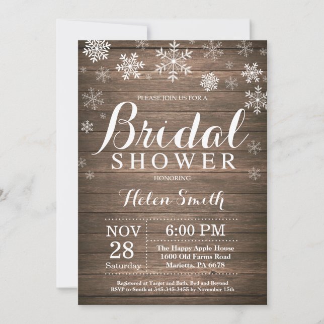 Rustic Winter Bridal Shower Snowflake Invitation (Front)
