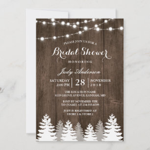 Rustic Winter Bridal Shower String Light Pine Tree Invitation