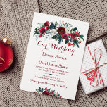 Rustic winter burgundy pine green floral wedding invitation<br><div class="desc">Floral bouquet of red burgundy and white peony roses with pine green fir branches and foliage wedding invitation template with a fancy modern contemporary changeable script text. Please note that the background colour on the front and on the back are editable. To change the colour and also the fonts and...</div>