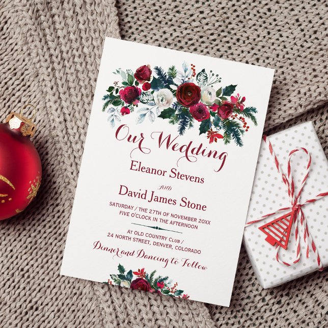 Rustic winter burgundy pine green floral wedding invitation (Creator Uploaded)