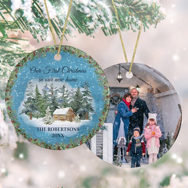 Rustic Winter Cabin First Christmas New Home Photo Ceramic Tree Decoration (Creator Uploaded)