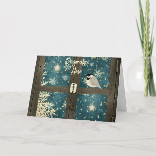 Rustic winter cabin window star snowflake chickade card