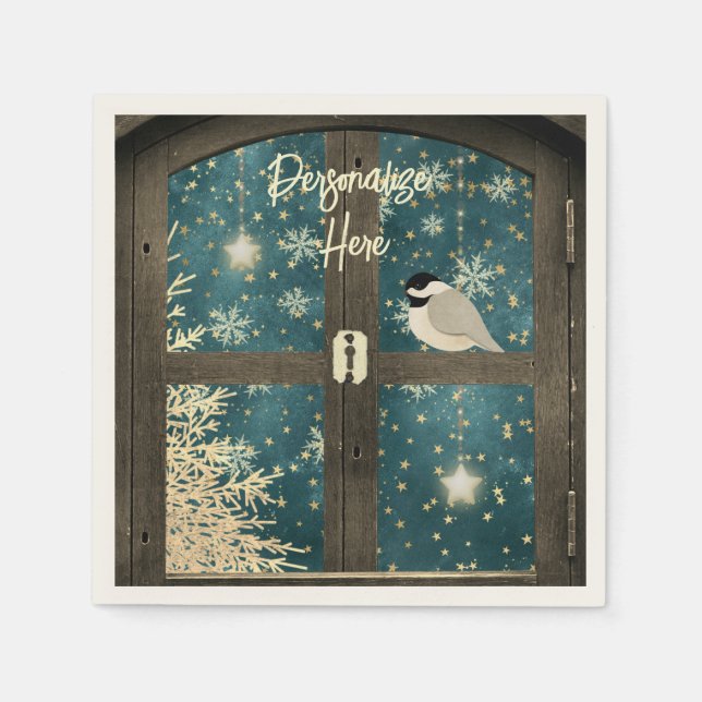Rustic winter cabin window star snowflake chickade napkin (Front)