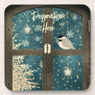 Rustic winter cabin window stars, snowflakes bird coaster