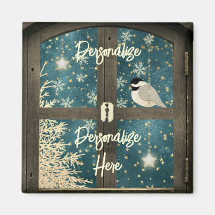 Rustic winter cabin window stars, snowflakes bird magnet