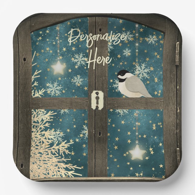 Rustic winter cabin window stars, snowflakes bird paper plate (Front)
