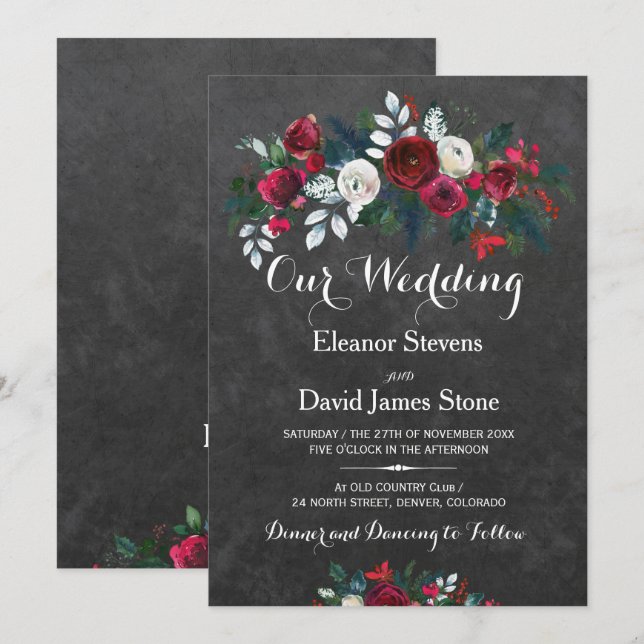 Rustic winter chalkboard burgundy floral wedding invitation (Front/Back)