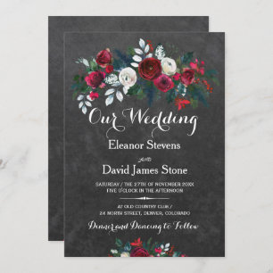 Rustic winter chalkboard burgundy floral wedding invitation