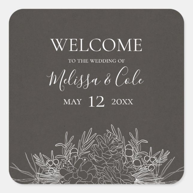Rustic Winter | Charcoal Wedding Welcome Square Sticker (Front)