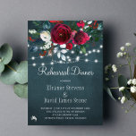 Rustic winter chic floral wedding rehearsal dinner invitation<br><div class="desc">Rustic elegant winter wedding rehearsl dinner stylish invitation template on a dark midnight blue chalkboard featuring a beautiful dark red burgundy and white peonies bouquet with hunter green foliage, strings of white twinkle lights, and a chic typography script. Easy to personalise with your details! The invitation is suitable for elegant...</div>