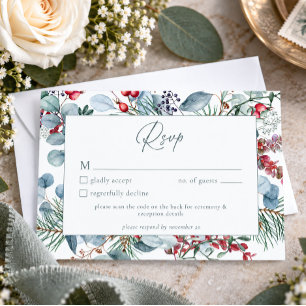 Rustic Winter Christmas Botanical Wedding QR Code RSVP Card