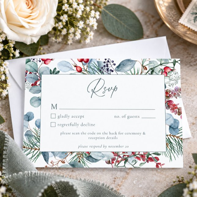Rustic Winter Christmas Botanical Wedding QR Code RSVP Card (Creator Uploaded)