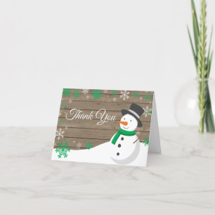 Rustic Winter Christmas Green Snowman Thank You Card