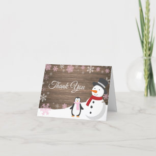 Rustic Winter Christmas Holiday Pink Snowflake Thank You Card